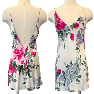 90s Victoria’s Secret 100% Silk White Fuchsia Floral Vintage Chemise Slip Dress